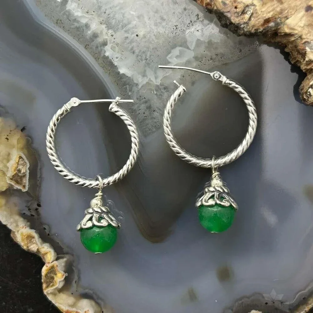 Carolyn Pollack Sterling Twisted Hoop w/Green Jadeite Dangle Earrings For Women